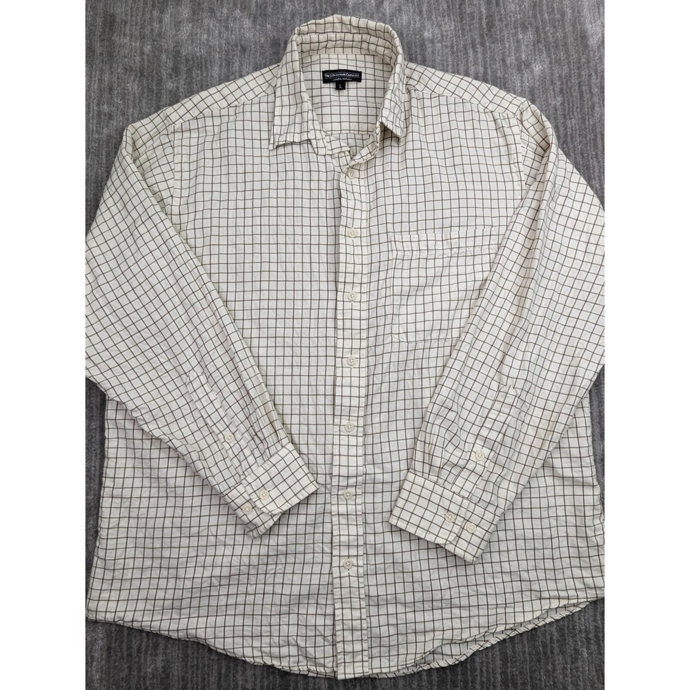 Vtg J Peterman Button Up Gingham Shirt Wool Cotton Mens Large Beige USA Made